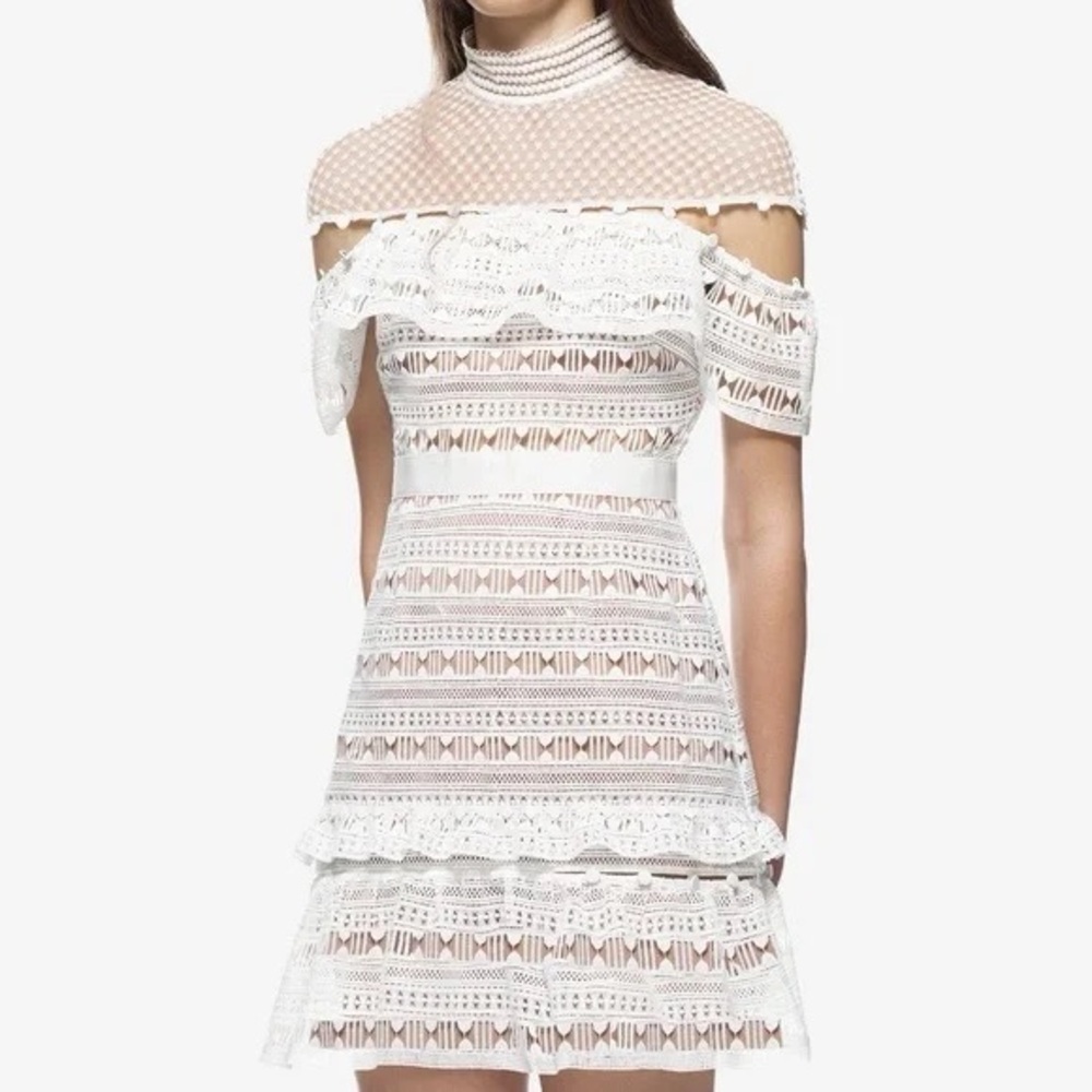 Self-Portrait | Yoke Frill Star White Lace Ruffle Mini Dress | US8/UK12 | Bridal